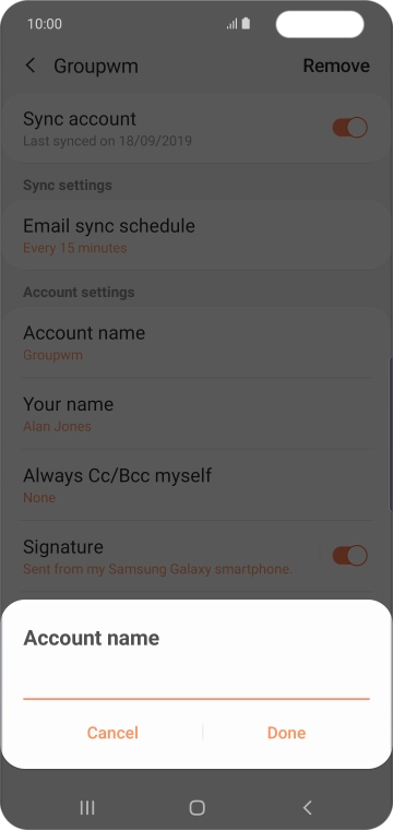 Key in the required name for the email account and press Done.