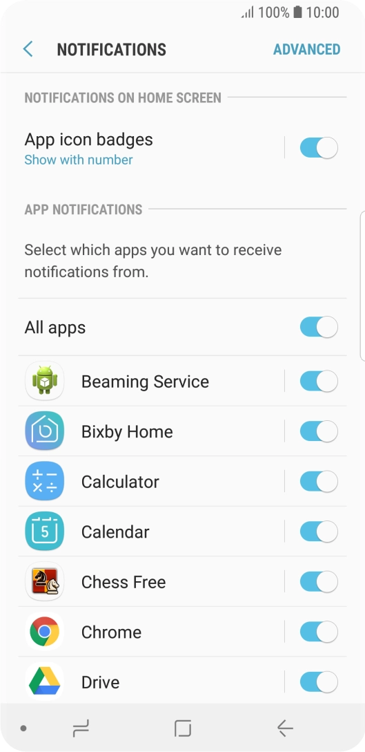 Press the indicator next to the required app to turn the function on or off.