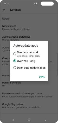 To turn on automatic update of apps using mobile network, press Over any network.