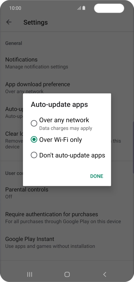 To turn on automatic update of apps using mobile network, press Over any network.