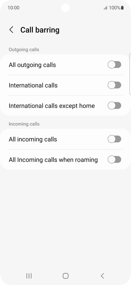Press the indicator next to the required barring type to turn the function on or off.