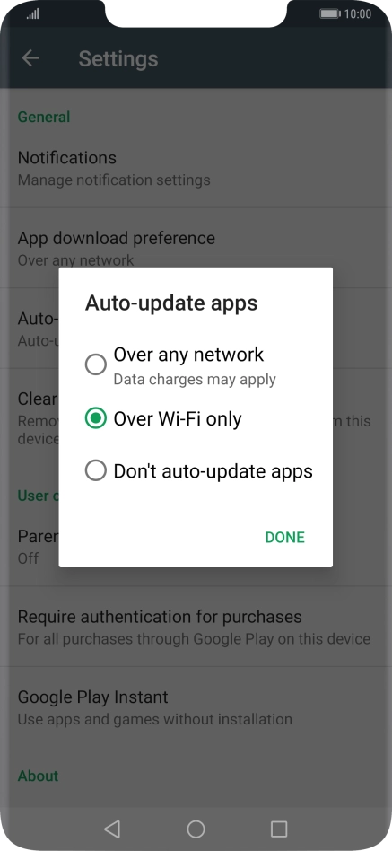 To turn on automatic update of apps using mobile network, press Over any network.