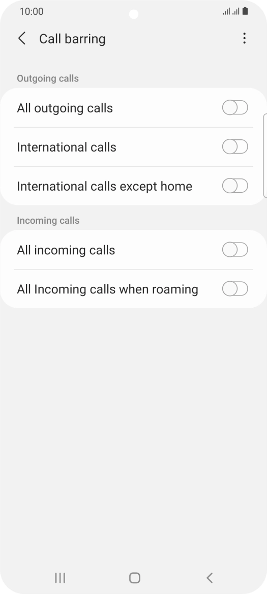 Press the required barring type to turn the function on or off.