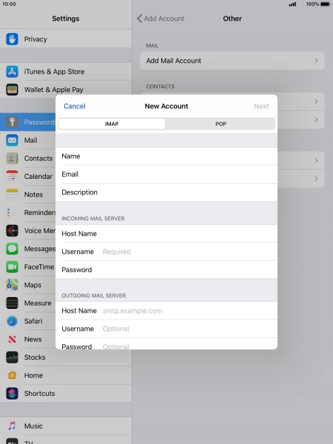 Press Username and key in the username for your email account.