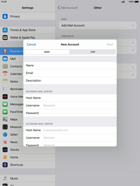 Press Username and key in the username for your email account.