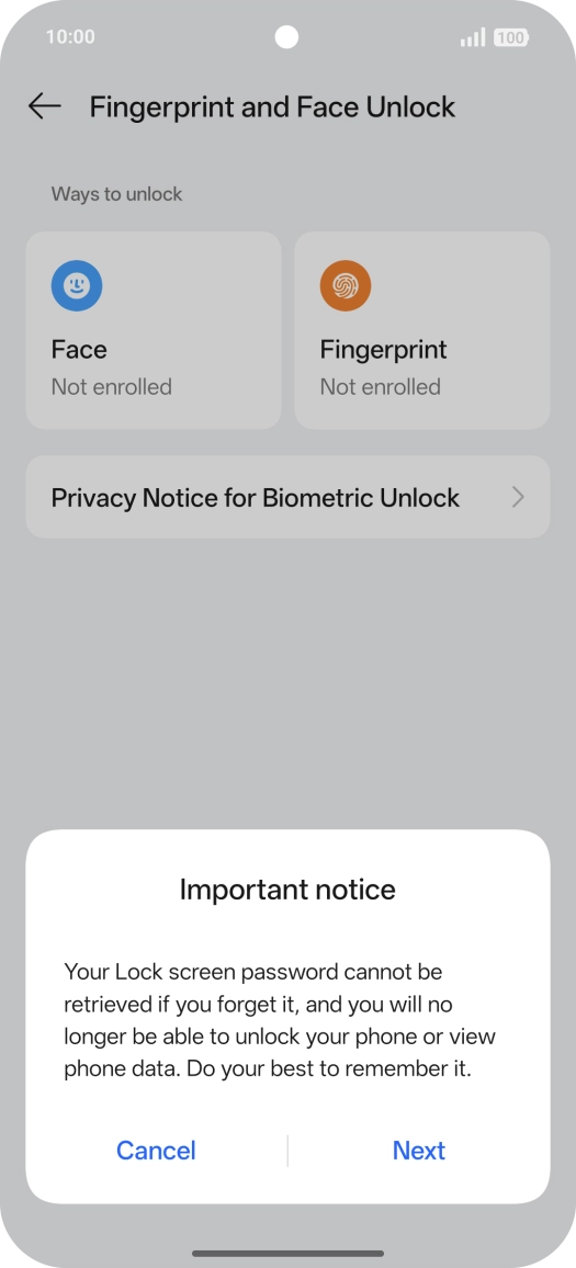 Press Next and follow the instructions on the screen to create an additional phone lock code.