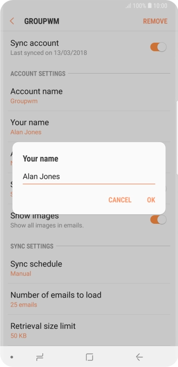 Key in the required sender name and press OK.