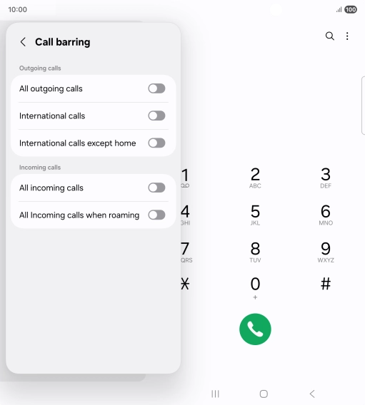 Press the indicator next to the required barring type to turn the function on or off.