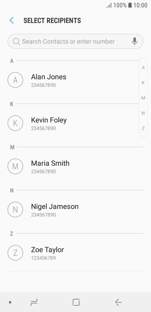 Press the search field and key in the first letters of the recipient's name.