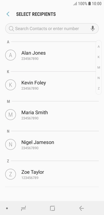 Press the search field and key in the first letters of the recipient's name.