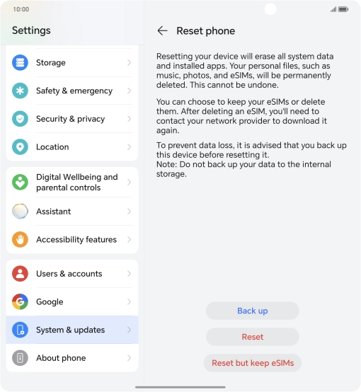 Press Reset. Wait a moment while the factory default settings are restored. Follow the instructions on the screen to set up your phone and prepare it for use.