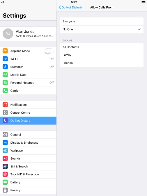 Press the required setting to select which contacts can call you even though Do Not Disturb is turned on.
