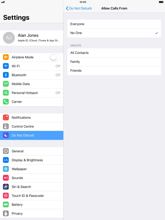 Press the required setting to select which contacts can call you even though Do Not Disturb is turned on.