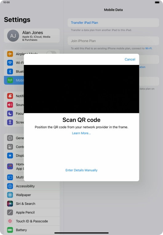 Place the QR code you've received inside the tablet camera frame to scan the code.