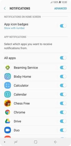 Press the indicator next to the required app to turn the function on or off.