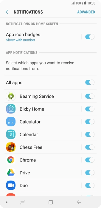 Press the indicator next to the required app to turn the function on or off.