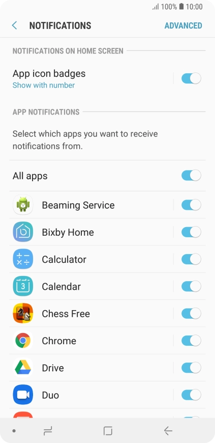 Press the indicator next to the required app to turn the function on or off.
