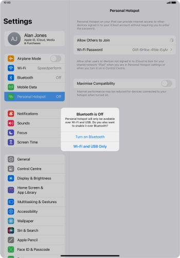 If Wi-Fi is turned on, press Wi-Fi and USB Only.