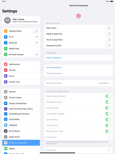 Press Turn Passcode On and key in a lock code of your own choice twice.