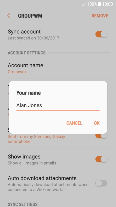 Key in the required sender name and press OK.