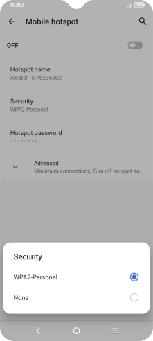 Press WPA-2 Personal to password protect your Wi-Fi hotspot.