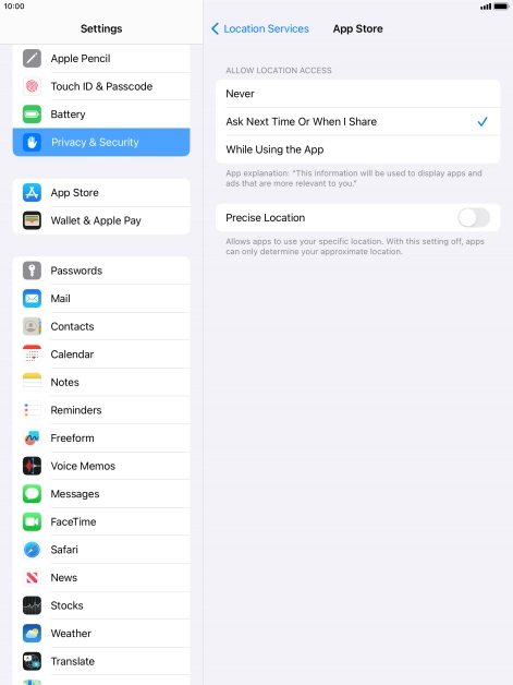 Press the required setting to turn the function on or off.