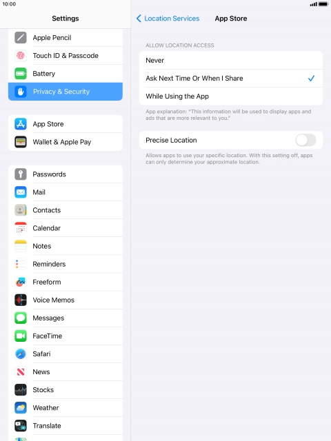 Press the required setting to turn the function on or off.