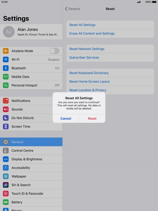 Press Reset. Wait a moment while the factory default settings are restored. Follow the instructions on the screen to set up your tablet and prepare it for use.