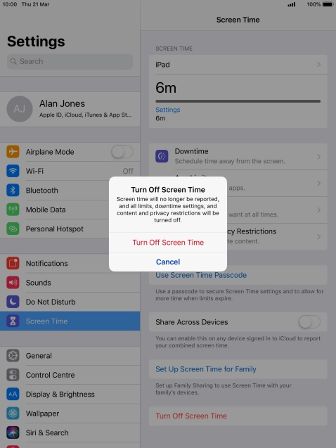 Press Turn Off Screen Time.