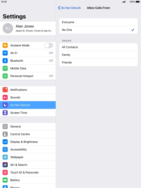 Press the required setting to select which contacts can call you even though Do Not Disturb is turned on.
