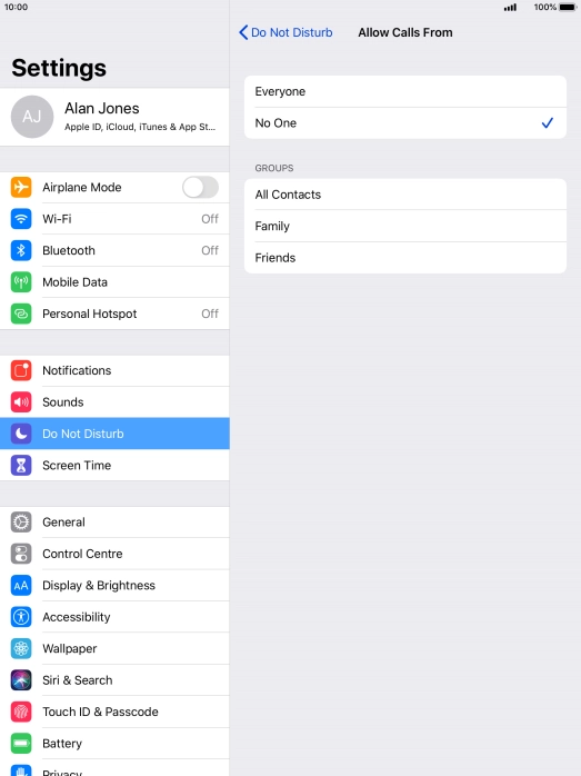 Press the required setting to select which contacts can call you even though Do Not Disturb is turned on.