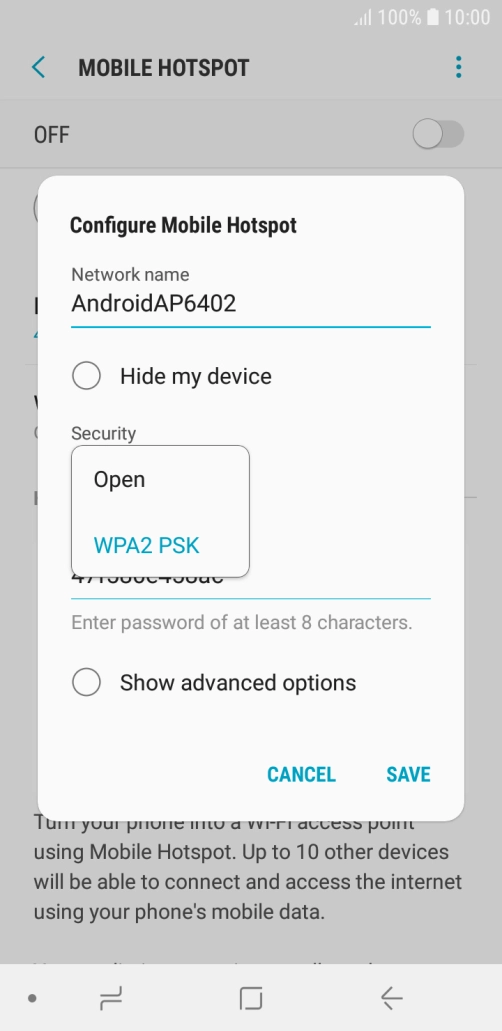 Press WPA2 PSK to password protect your Wi-Fi hotspot.