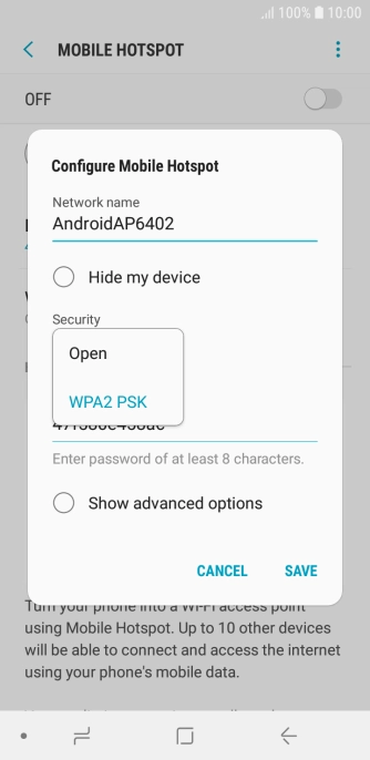 Press WPA2 PSK to password protect your Wi-Fi hotspot.