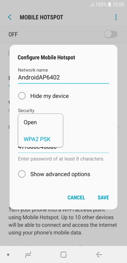 Press WPA2 PSK to password protect your Wi-Fi hotspot.