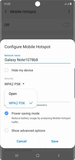 Press WPA2 PSK to password protect your Wi-Fi hotspot.