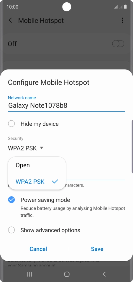 Press WPA2 PSK to password protect your Wi-Fi hotspot.