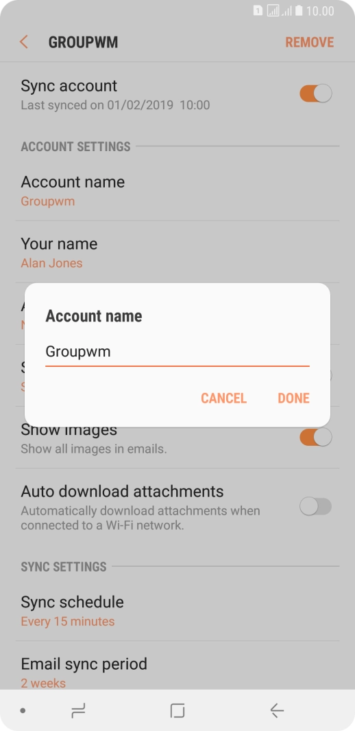 Key in the required name for the email account and press DONE.