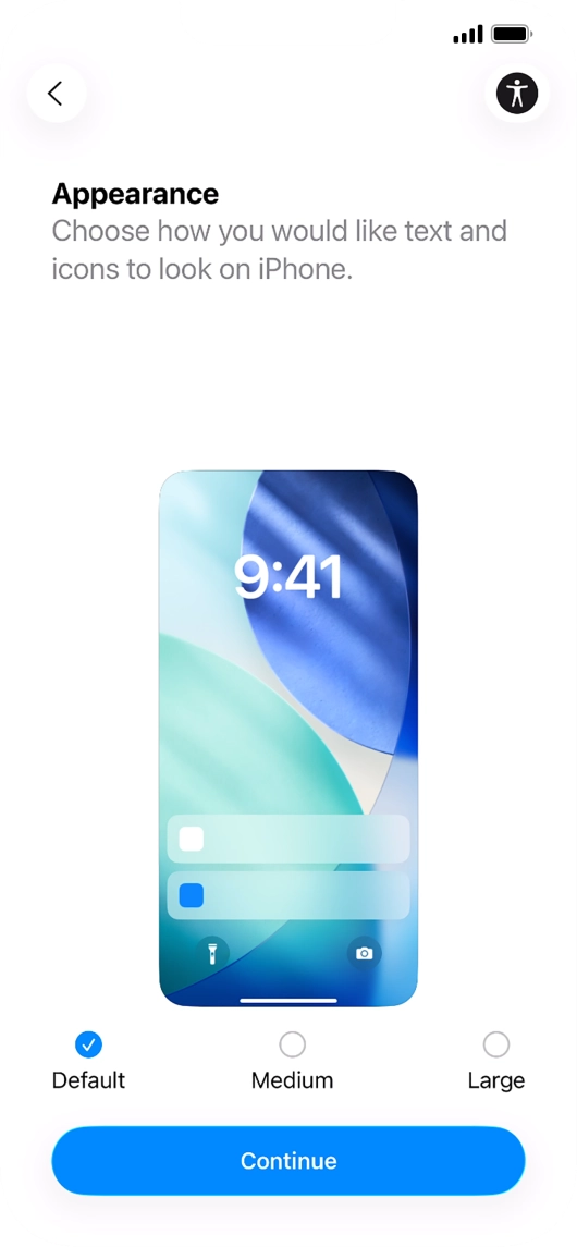 Select the required text and icon size on your phone and press Continue.