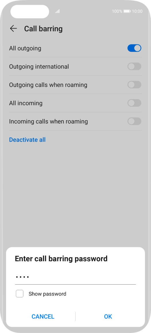 Key in your barring password and press OK.