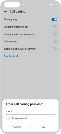 Key in your barring password and press OK.