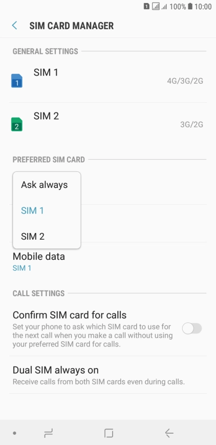 Press the required setting.