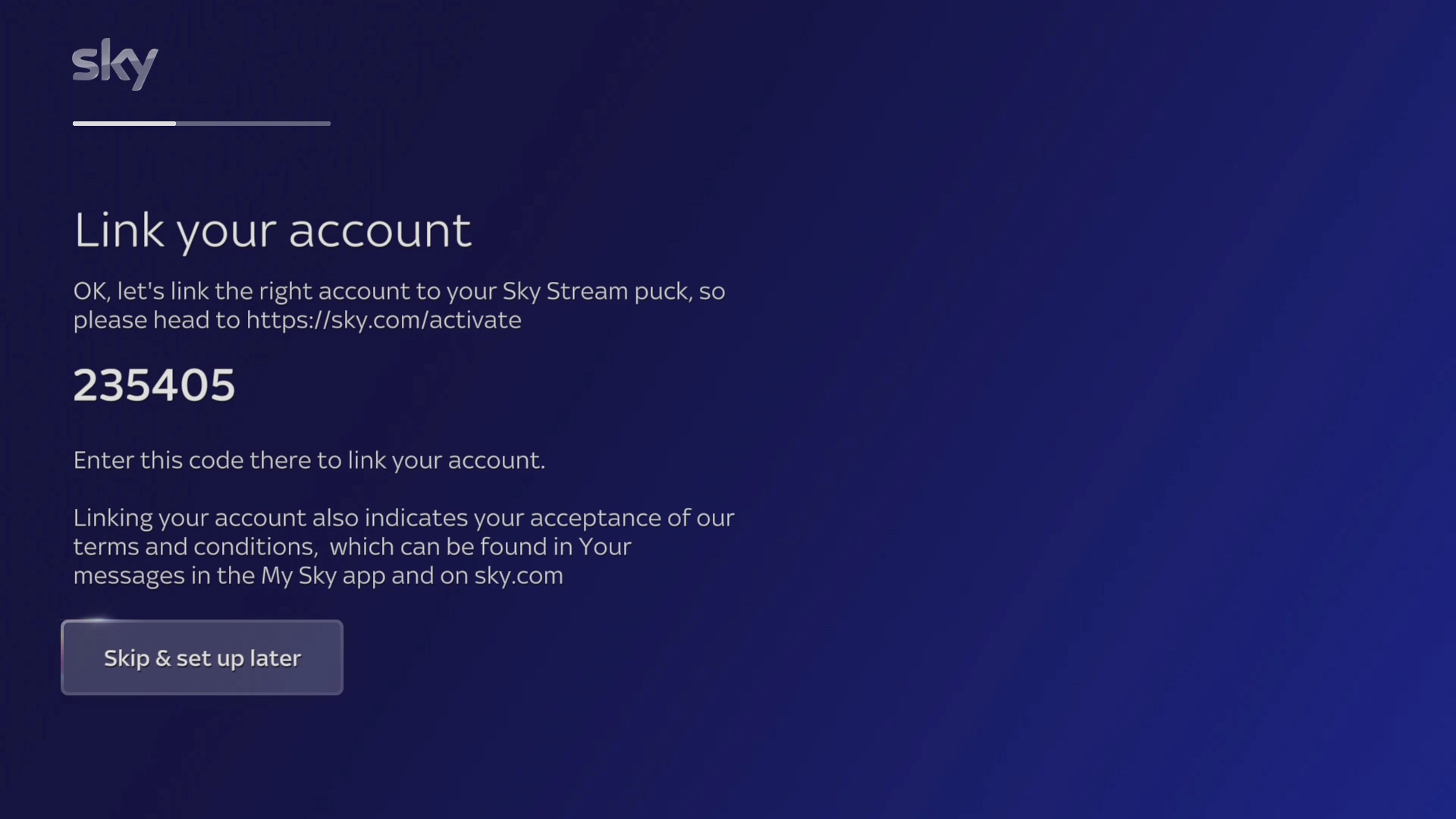 Follow the instructions on the screen to connect your set-top box to your Sky account and to finish setting up your set-top box.