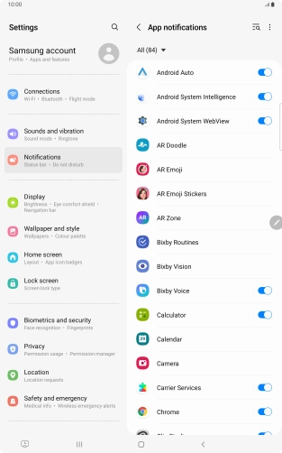 Press the indicators next to the required apps to turn the function on or off.