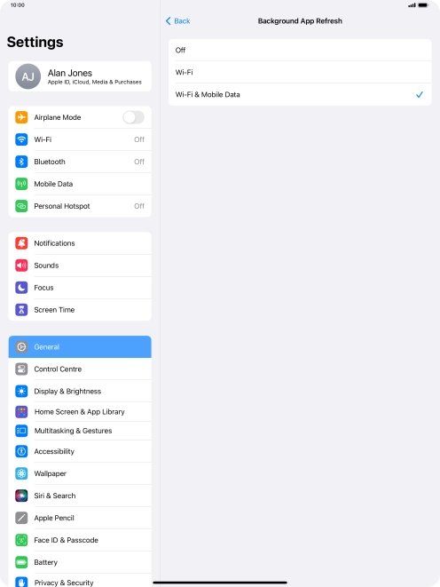 To turn off background refresh of apps, press Off.