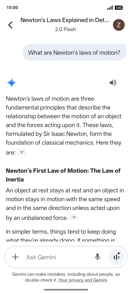 Transcription of the conversation with Gemini Live is now displayed.