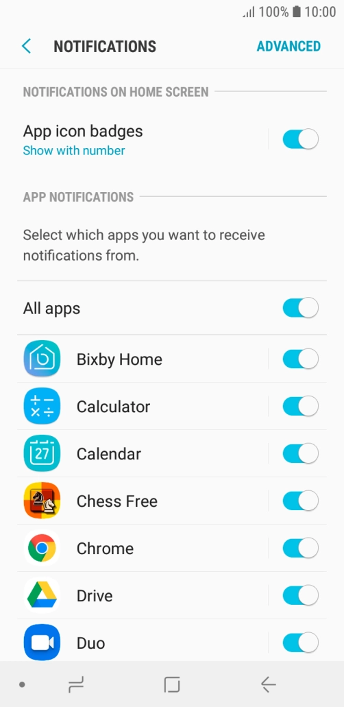 Press the indicator next to the required app to turn the function on or off.