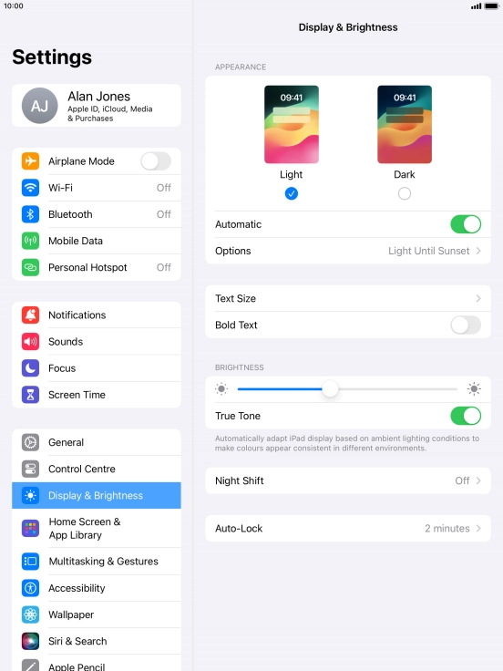 If you turn on the function, press Options and follow the instructions on the screen to select the required period of time for Dark Mode.
