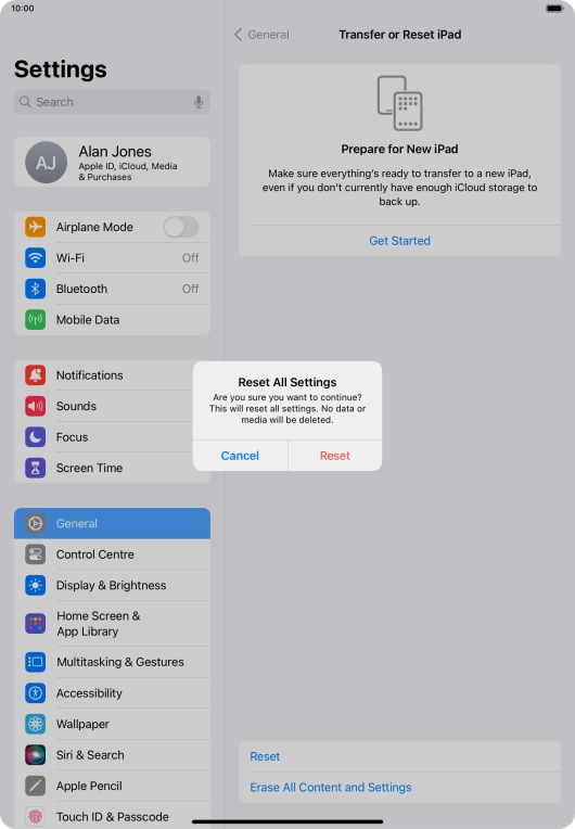 Press Reset. Wait a moment while the factory default settings are restored. Follow the instructions on the screen to set up your tablet and prepare it for use.