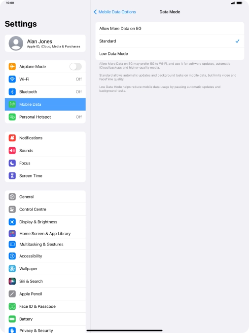 Press the required setting to turn the function on or off.