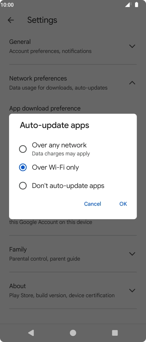 To turn on automatic update of apps using mobile network, press Over any network.